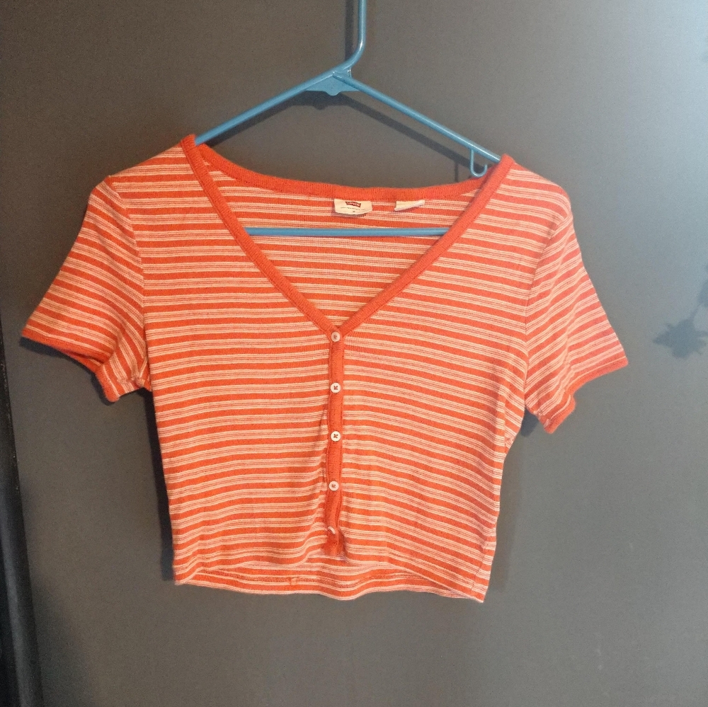 Levi's Orange Striped Button Up Crop Top